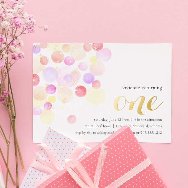 Bubbly | Watercolor First Birthday Party Foil Invitation (Creator Uploaded)