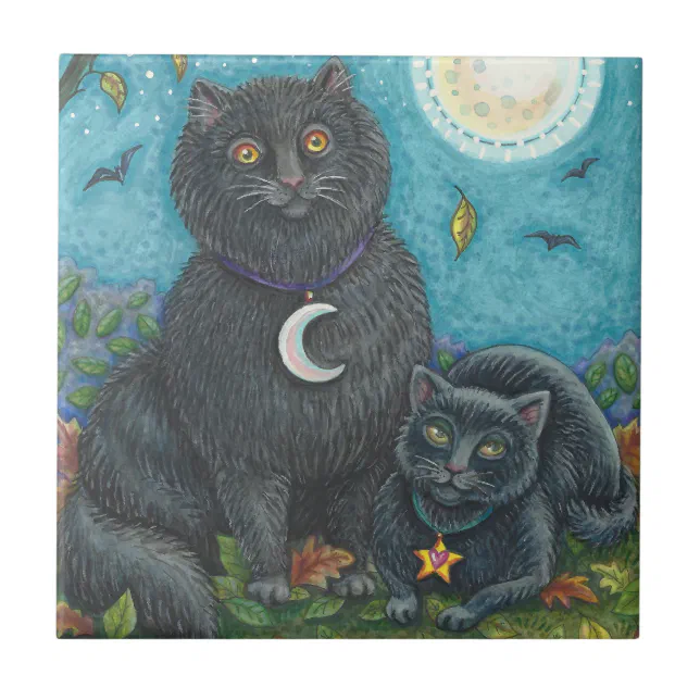 Pyewacket Painting BUBO & PYEWACKET BLACK CATS, HALLOWEEN FOLK ART CERAMIC TILE | Zazzle
