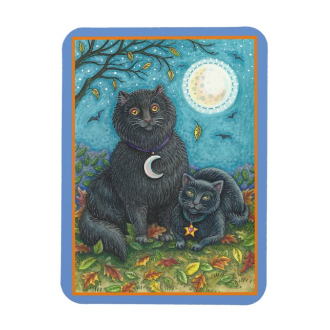 BUBO & PYEWACKET BLACK CATS, HALLOWEEN FOLK ART MAGNET (Vertical)