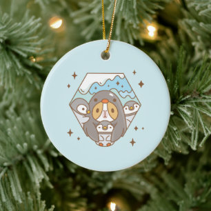 Bubu the Guinea Pig with Baby Emperor Penguins Ceramic Ornament