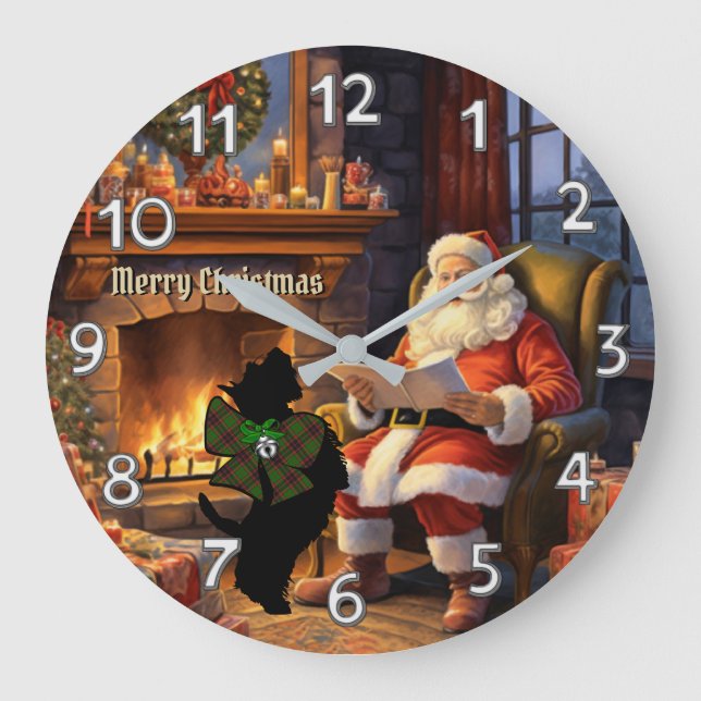 Buchan Scottie Dog & Santa Personalized Xmas Large Clock (Front)