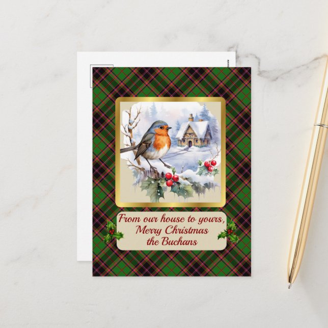 Buchan Tartan w/Robin Personalized   Holiday Postcard (Front/Back In Situ)