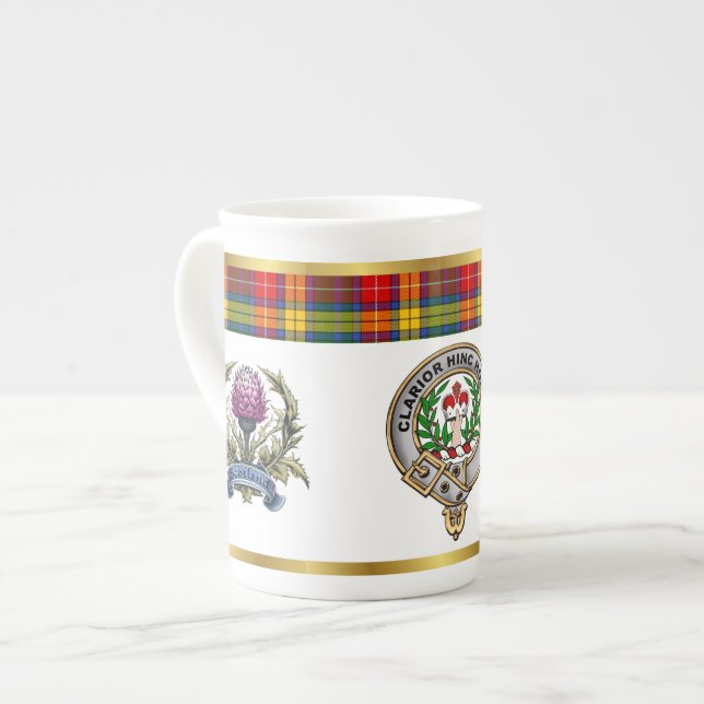 Buchanan Clan Badge Tartan & Motto Bone China Mug (Front Left)
