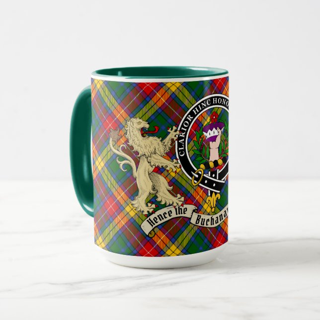 Buchanan Clan Badge & Tartan Personalized Mug (Front Left)