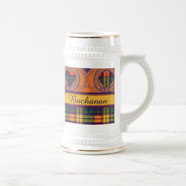 Buchanan Family clan Plaid Scottish kilt tartan Beer Stein (Right)