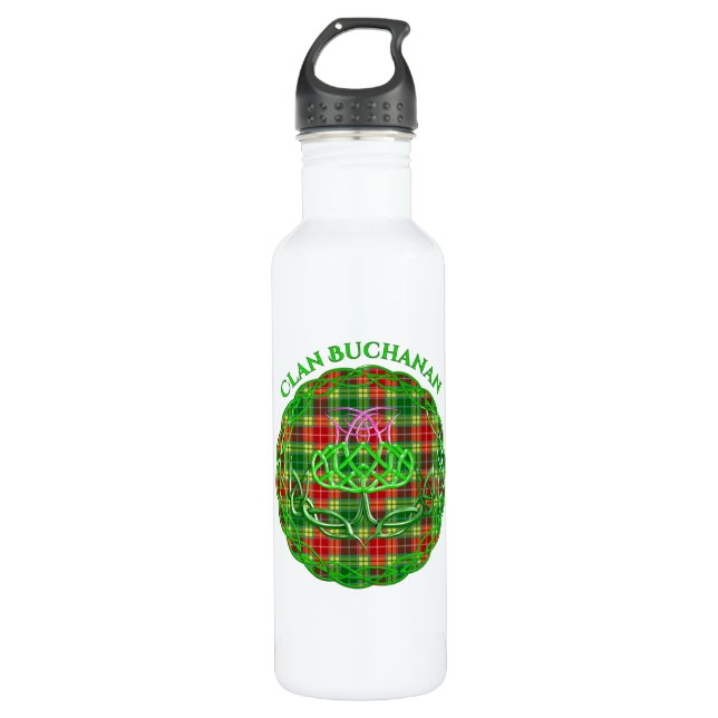 Buchanan Scottish Tartan Celtic Thistle Stainless Steel Water Bottle (Front)