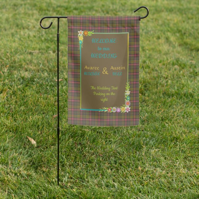 Buchanan Weathered Clan Tartan w/floral frame Garden Flag (In SItu)