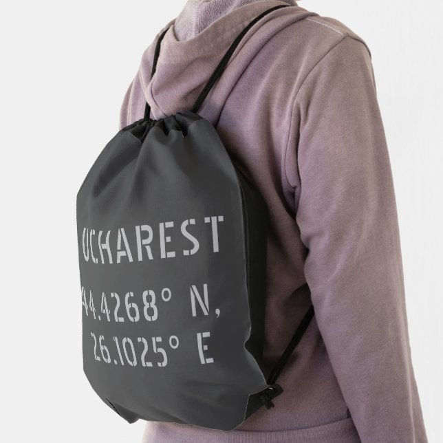 Bucharest Latitude Longitude Gray Drawstring Bag (Insitu)