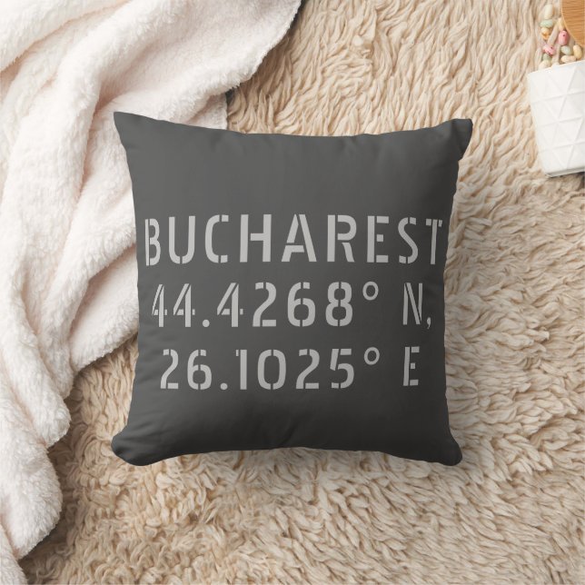Bucharest Latitude Longitude Gray Throw Pillow (Blanket)