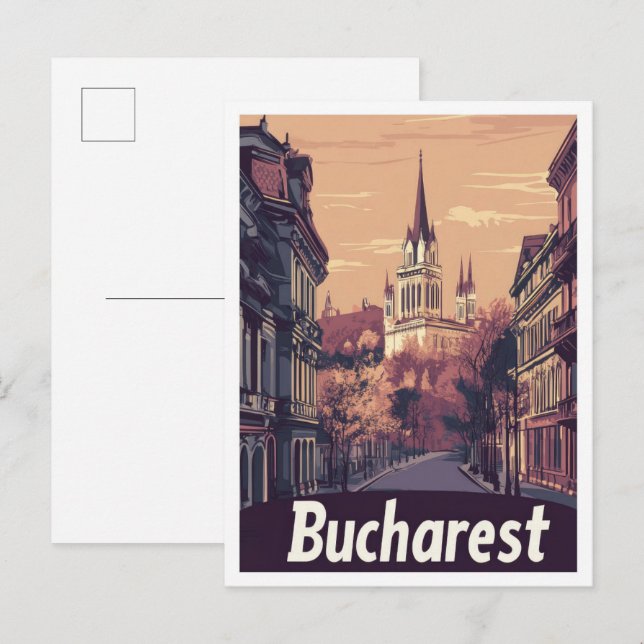 Bucharest Romania Art Vintage Travel Illustration Postcard (Front/Back)
