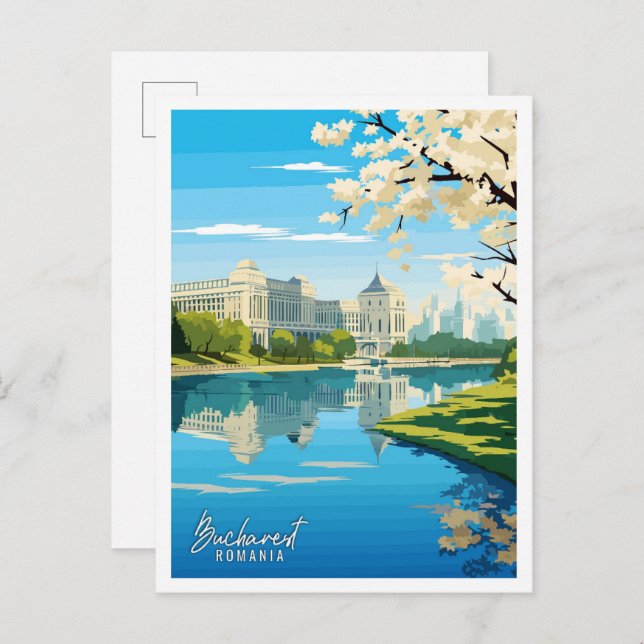 Bucharest Romania Art vintage travel illustration Postcard (Front/Back)