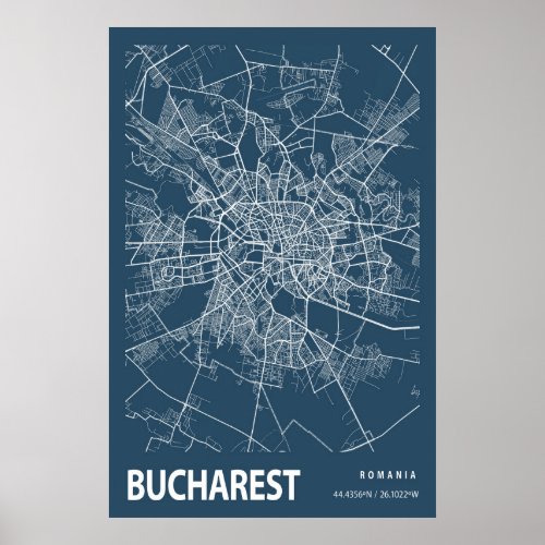 Bucharest Romania City Map Line Art Blue Print
