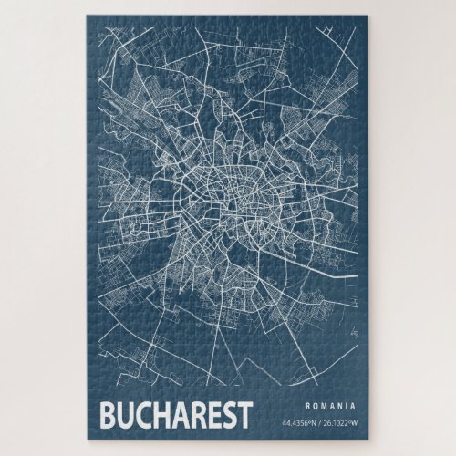 Bucharest Romania City Map Line Art Blue Print Jigsaw Puzzle