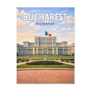 Bucharest Romania Illustration Travel Art Vintage Postcard