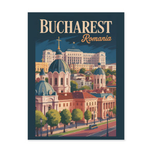 Bucharest Skyline Illustration Travel Art Vintage Postcard