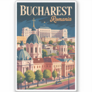 Bucharest Skyline Illustration Travel Art Vintage Sticker