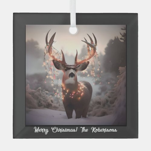 Buck and Christmas Lights Black Glass Ornament