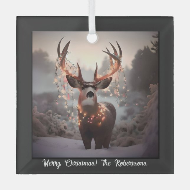Buck and Christmas Lights Black Glass Ornament (Front)