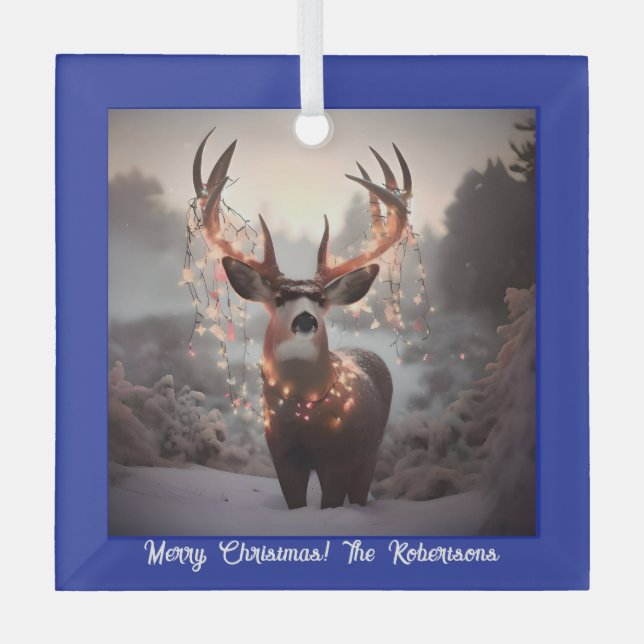 Buck and Christmas Lights Blue Glass Ornament (Front)