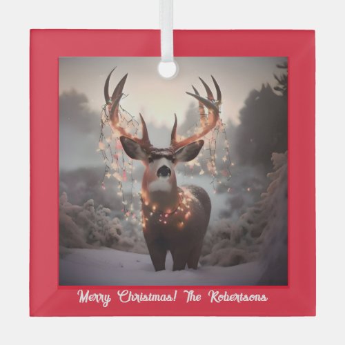 Buck and Christmas Lights Red Glass Ornament
