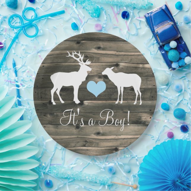 Buck and Doe (blue) Baby Shower Paper Plates (Party)