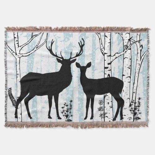 Buck and Doe Deer in Birch Forest Throw Blanket