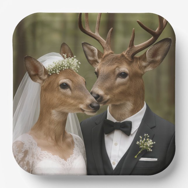 Buck and Doe Deer Wedding In Forest Paper Plates (Front)