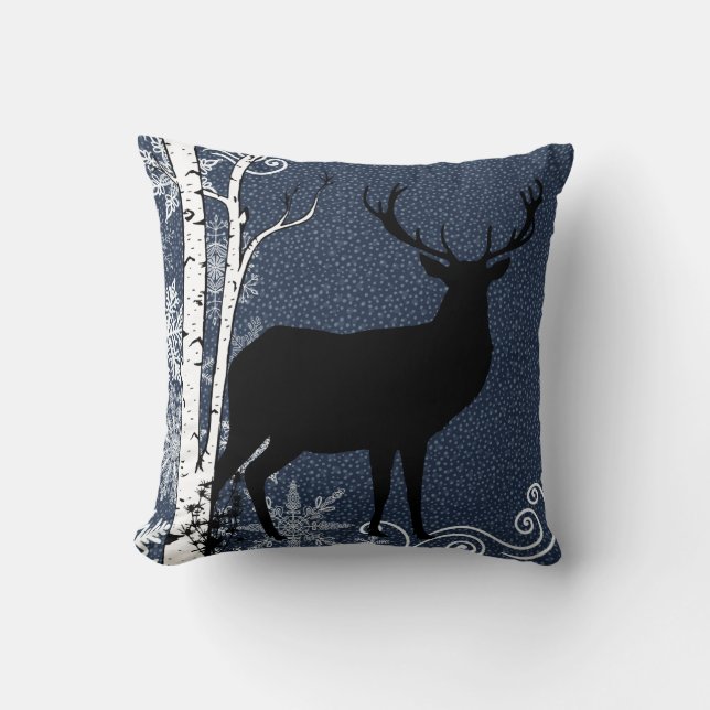 Buck and Doe Deer Winter Birch Forest Throw Pillow (Front)