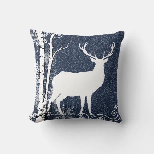 Buck and Doe Deer Winter Birch Forest Throw Pillow