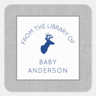 Buck baby shower bookplate, baby's first library square sticker