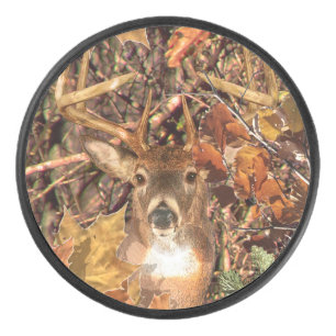 Buck Camouflage White Tail Deer Decor on a Hockey Puck