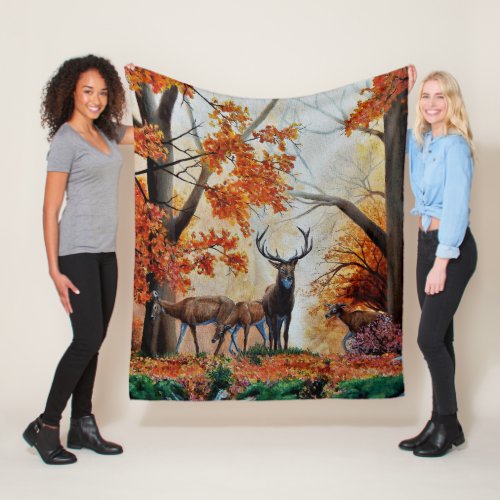 Buck Deer and doe in Autumn forestfancy design Fleece Blanket