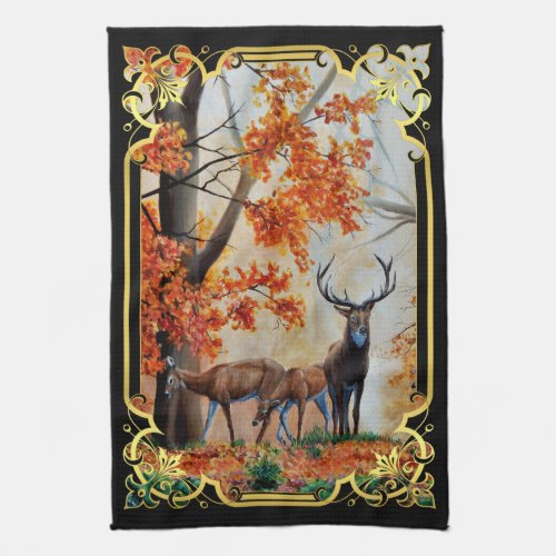 Buck Deer and doe in Autumn forestfancy design Kitchen Towel