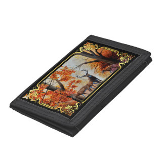 Buck Deer and doe in Autumn forest/fancy design Trifold Wallet
