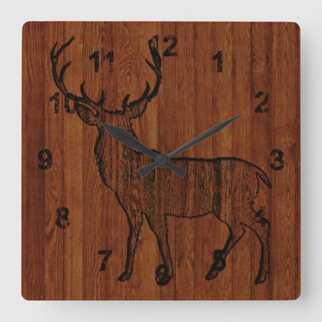 Buck Deer Carved In Wood Printed Square Wall Clock (Front)