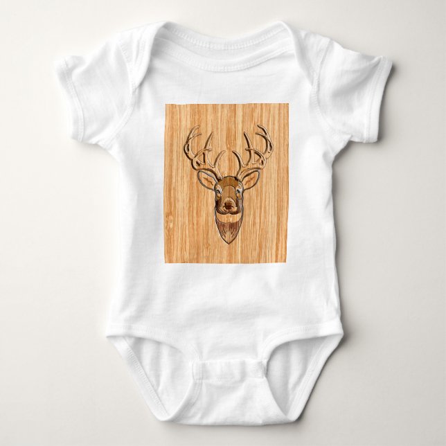 Buck Deer Head Wood Grain Style Baby Bodysuit (Front)