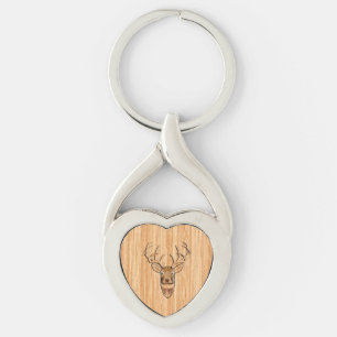 Buck Deer Head Wood Grain Style Decor Keychain