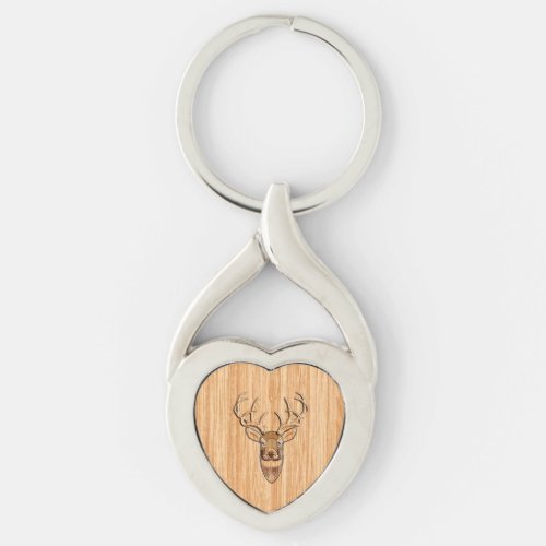 Buck Deer Head Wood Grain Style Decor Keychain