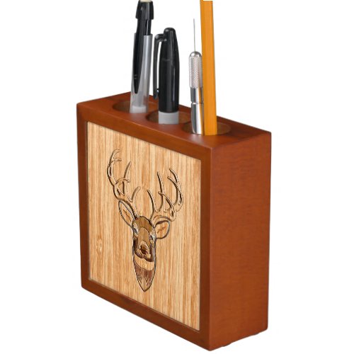 Buck Deer Head Wood Grain Style Decor PencilPen Holder