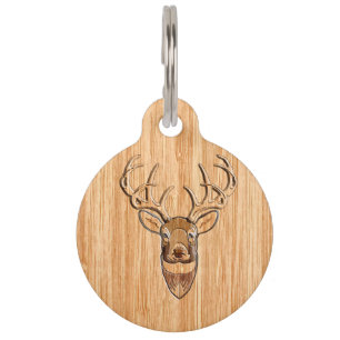 Buck Deer Head Wood Grain Style Decor Pet Tag