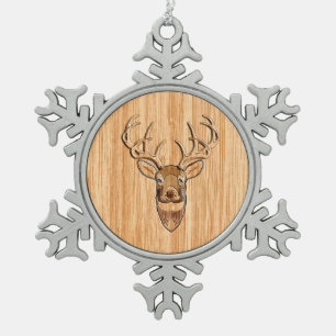 Buck Deer Head Wood Grain Style Decor Snowflake Pewter Christmas Ornament