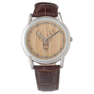 Buck Deer Head Wood Grain Style Decor Watch