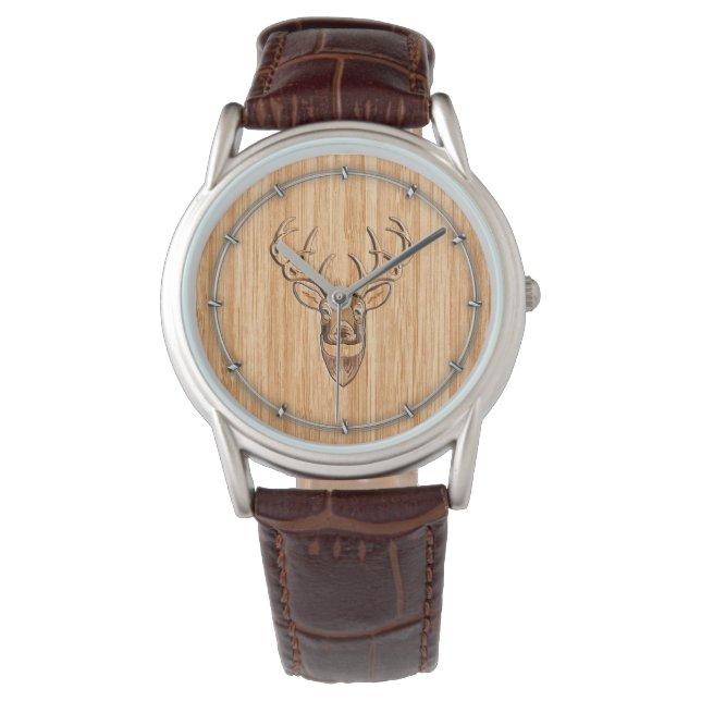 Buck Deer Head Wood Grain Style Decor Watch (Front)