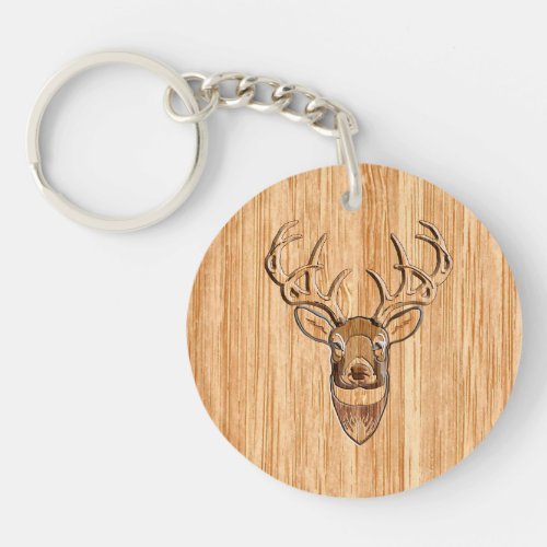 Buck Deer Head Wood Grain Style Keychain