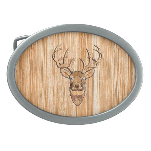 Buck Deer Head Wood Grain Style Oval Belt Buckle