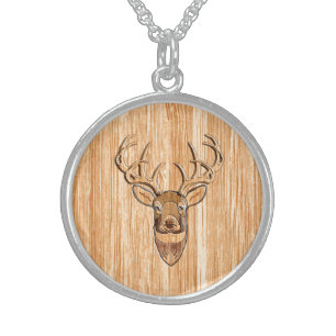 Buck Deer Head Wood Grain Style Sterling Silver Necklace