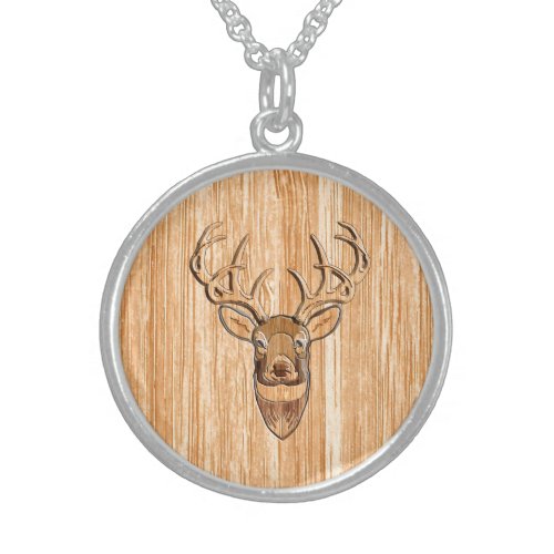 Buck Deer Head Wood Grain Style Sterling Silver Necklace