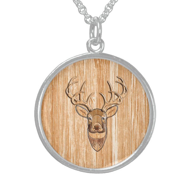 Buck Deer Head Wood Grain Style Sterling Silver Necklace (Front)