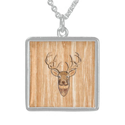 Buck Deer Head Wood Grain Style Sterling Silver Necklace