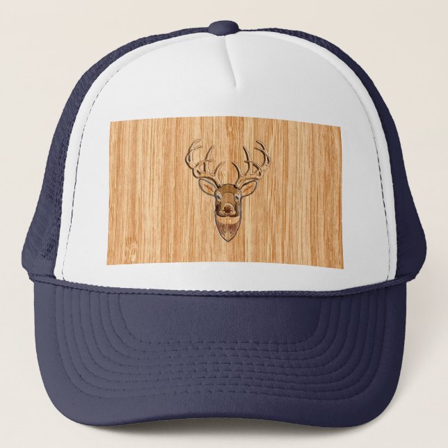 Buck Deer Head Wood Grain Style Trucker Hat (Front)
